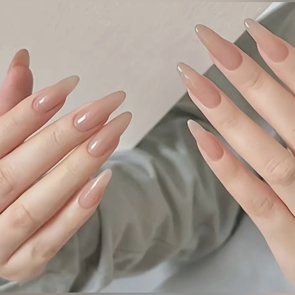 Long Almond French Nude Ombre' Toned Colors Press On Nails, Reusable - Set Of 24
